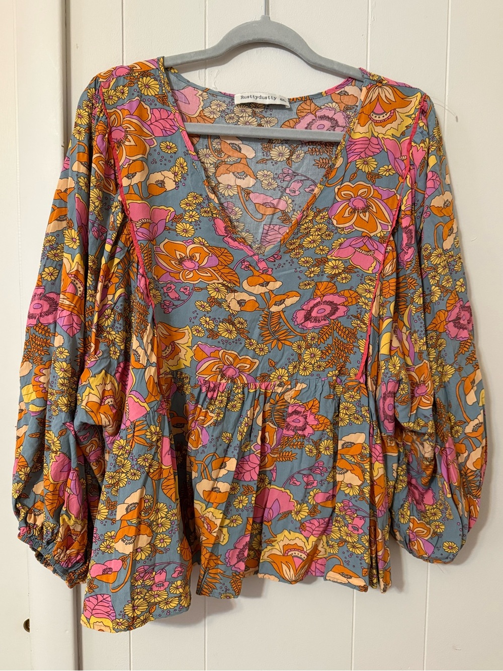 Rusttydustty Floral V-Neck Peplum Tunic - Pink & Orange